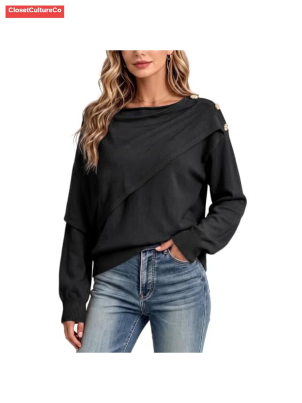 Asymmetrical Button Crew Neck Long Sleeve Sweater Pullover